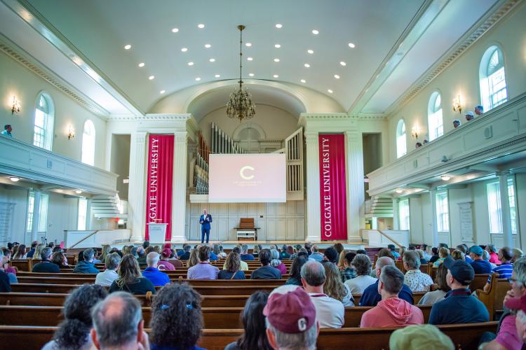 President Brian W. Casey talks about the Third-Century Plan at Memorial Chapel during Reunion Weekend