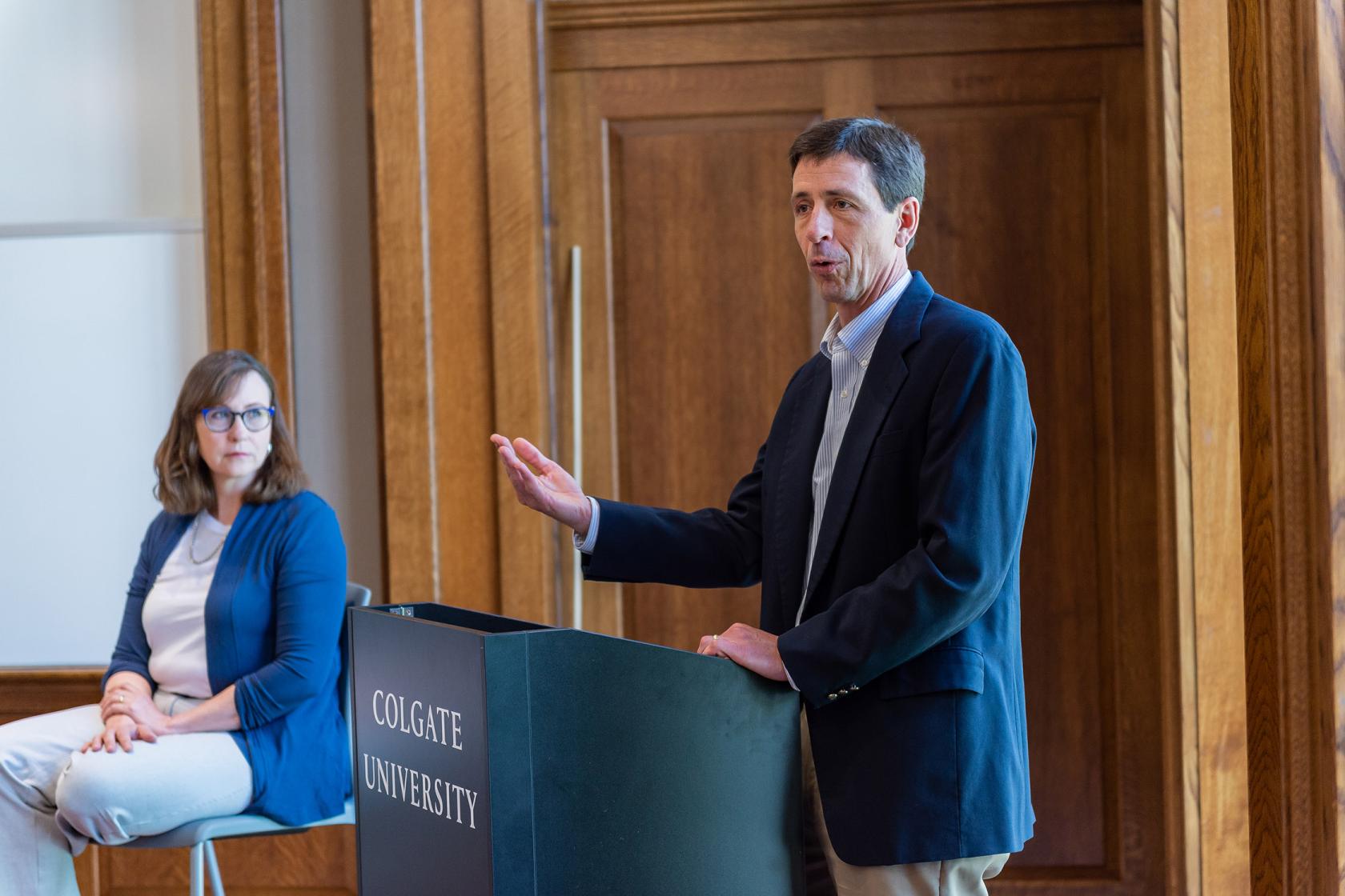 Ken Belanger moderates a third-century talk about endowed chairs