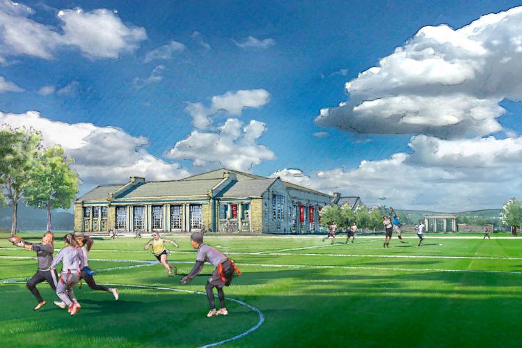 Carey Center rendering with students competing on fields in front of building