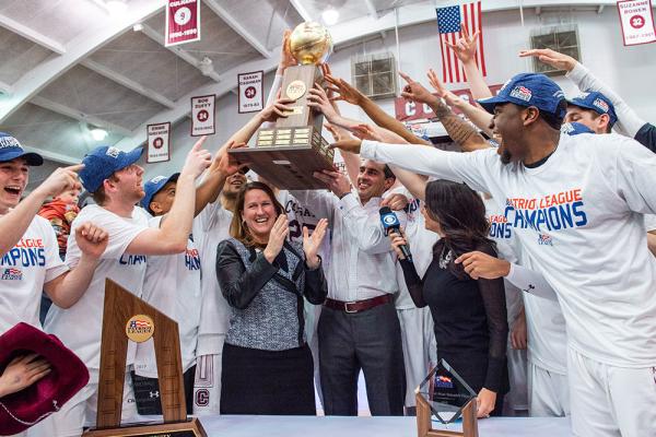 Men's basketball celebrates with Patriot League Championship Trophy
