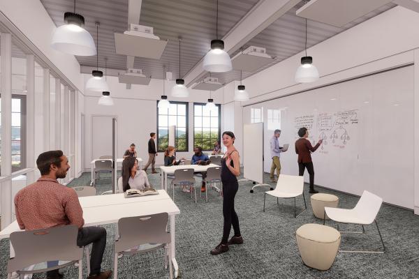 Artist rendering of a community space with students sitting at tables, and writing ideas on a white board