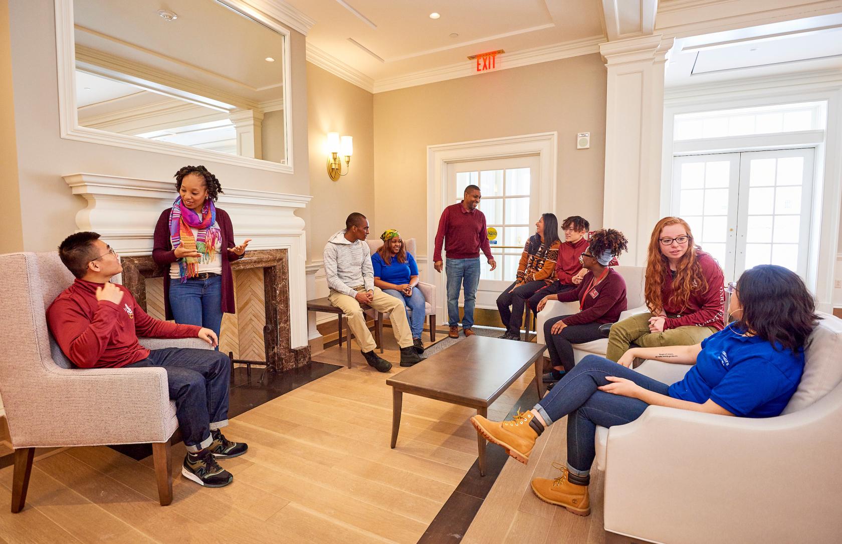 Students hanging out in a lounge at the Commons.