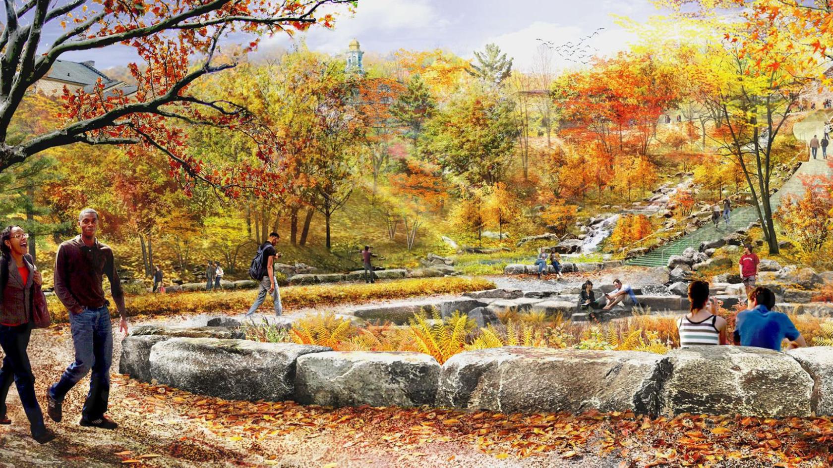 rtist rendering of the power portion of Peter's Glen with students walking past a water pool.